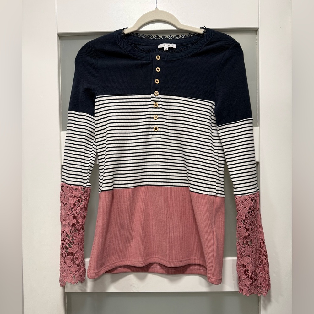 White Birch Navy Lace Trim Top